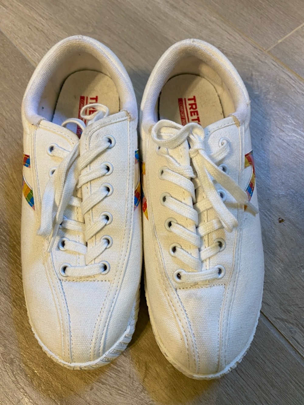 Tretorn White Canvas Sneakers with Rainbow Side Stripe